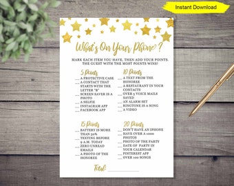 Twinkle Little Star Baby Shower What&#39;s On Your Phone Game - INSTANT DOWNLOAD - gold couples shower coed shower printable
