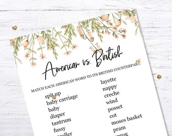 BOHO Chic American vs. British game - INSTANT DOWNLOAD - baby shower party printable digital girl light green pale pink flowers greenery