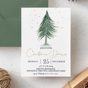 May include: A Christmas dinner invitation with a watercolor illustration of a green Christmas tree and gold accents. The invitation includes the text "Join us for Christmas Dinner" and event details.