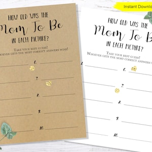Op de afbeelding: Een printbaar spel voor een babyshower. Het spel vraagt ​​gasten om te raden hoe oud de aanstaande moeder was op elk van de tien foto's. Het spel is gedrukt op een bruine achtergrond met zwarte tekst en gouden glitteraccenten.