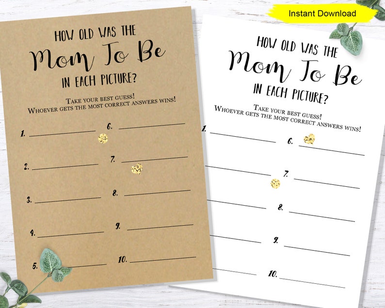 Op de afbeelding: Een printbaar spel voor een babyshower. Het spel vraagt ​​gasten om te raden hoe oud de aanstaande moeder was op elk van de tien foto's. Het spel is gedrukt op een bruine achtergrond met zwarte tekst en gouden glitteraccenten.