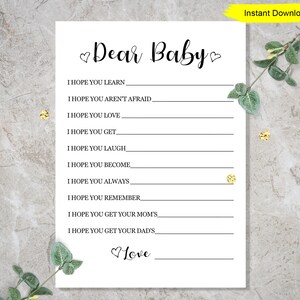 May include: Printable "Dear Baby" card with blank lines for writing messages to a newborn. The card has a heart design and the text "Love" at the bottom.