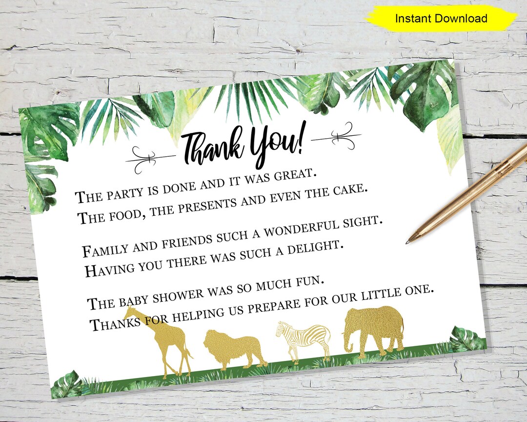 Jungle Thank You Card INSTANT DOWNLOAD Printable Print Baby Shower