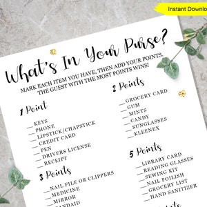 May include: A printable "What's In Your Purse?" game sheet with a list of items and point values. The game sheet is white with black text and includes items like keys, phone, lipstick, and a grocery card. "Instant Download" is written in yellow.