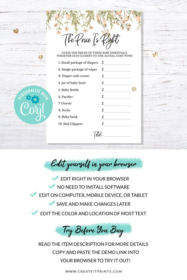 BOHO Chic The Price Is Right game Editable INSTANT DOWNLOAD baby shower party printable digital girl light green pink flowers greenery image 3
