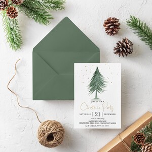 May include: A Christmas party invitation with a watercolor Christmas tree design. The invitation includes the text "Join us for a Christmas Party" and event details. An olive green envelope and pine cones are also visible.