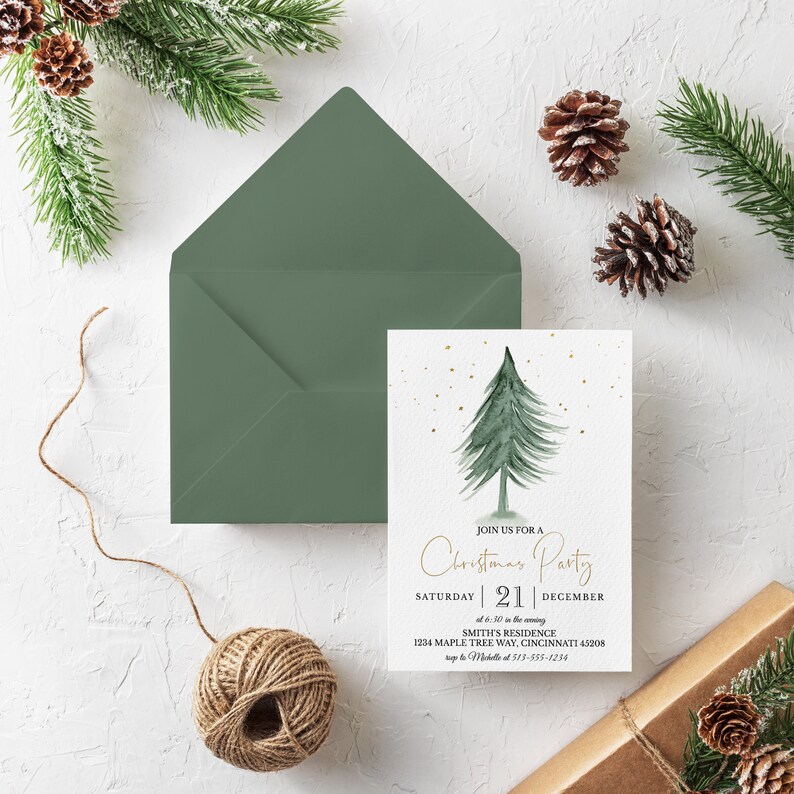 May include: A Christmas party invitation with a watercolor Christmas tree design. The invitation includes the text "Join us for a Christmas Party" and event details. An olive green envelope and pine cones are also visible.