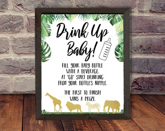Jungle Bottle Chug Game Sign - INSTANT DOWNLOAD - printable print baby shower safari giraffe party animals lion modern gold drinking game