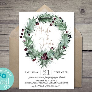 May include: A Christmas invitation with a watercolor holly wreath design. The text "Mingle & Jingle" is in gold script. Details include the date, time, and location for a holiday gathering. The invitation is inside a brown envelope.
