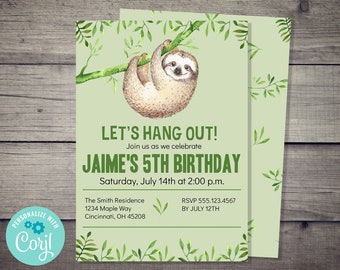 Sloth Birthday Party Invitation - INSTANT DOWNLOAD - printable digital custom customized Editable Template green gender neutral boy