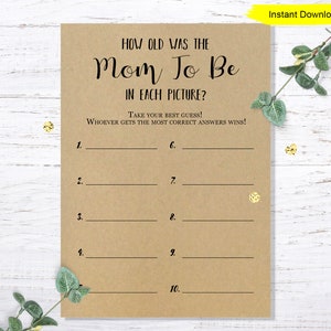 Op de afbeelding: Een printbaar spel voor een babyshower. Het spel vraagt ​​gasten om te raden hoe oud de aanstaande moeder was op elk van de tien foto's. Het spel is gedrukt op bruin papier met zwarte tekst.