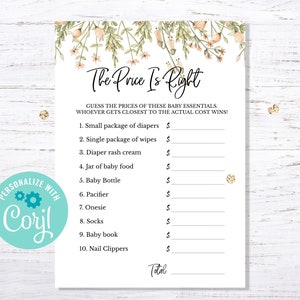 BOHO Chic The Price Is Right game Editable INSTANT DOWNLOAD baby shower party printable digital girl light green pink flowers greenery image 2