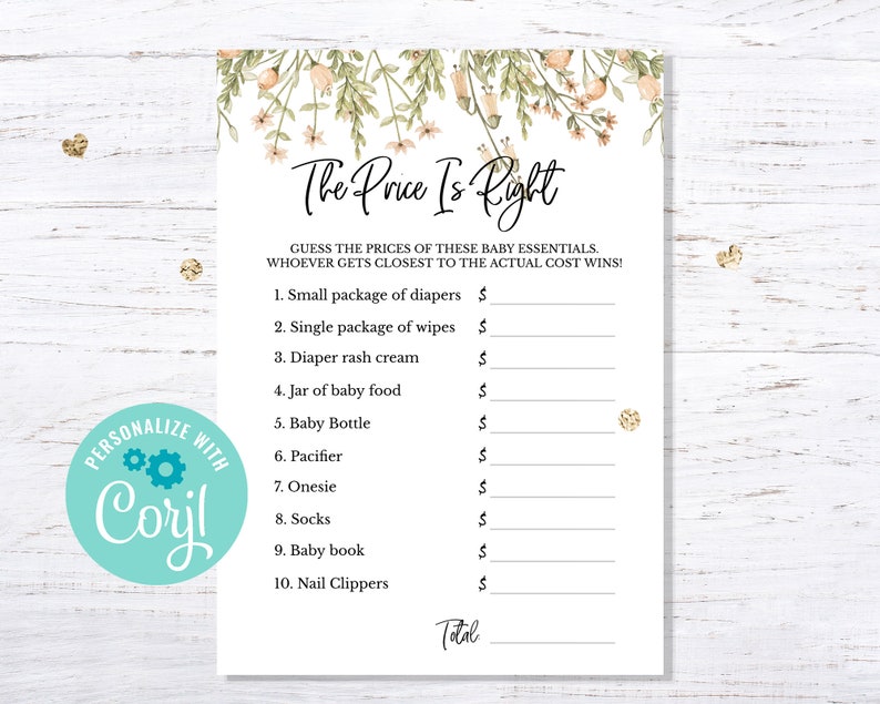 BOHO Chic The Price Is Right game Editable INSTANT DOWNLOAD baby shower party printable digital girl light green pink flowers greenery image 2