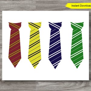 May include: Four colorful neckties with diagonal stripes in red and gold, yellow and navy, navy and white, and green and white. The ties are arranged on a white background. The words "Instant Download" are in a yellow rectangle in the upper right corner.