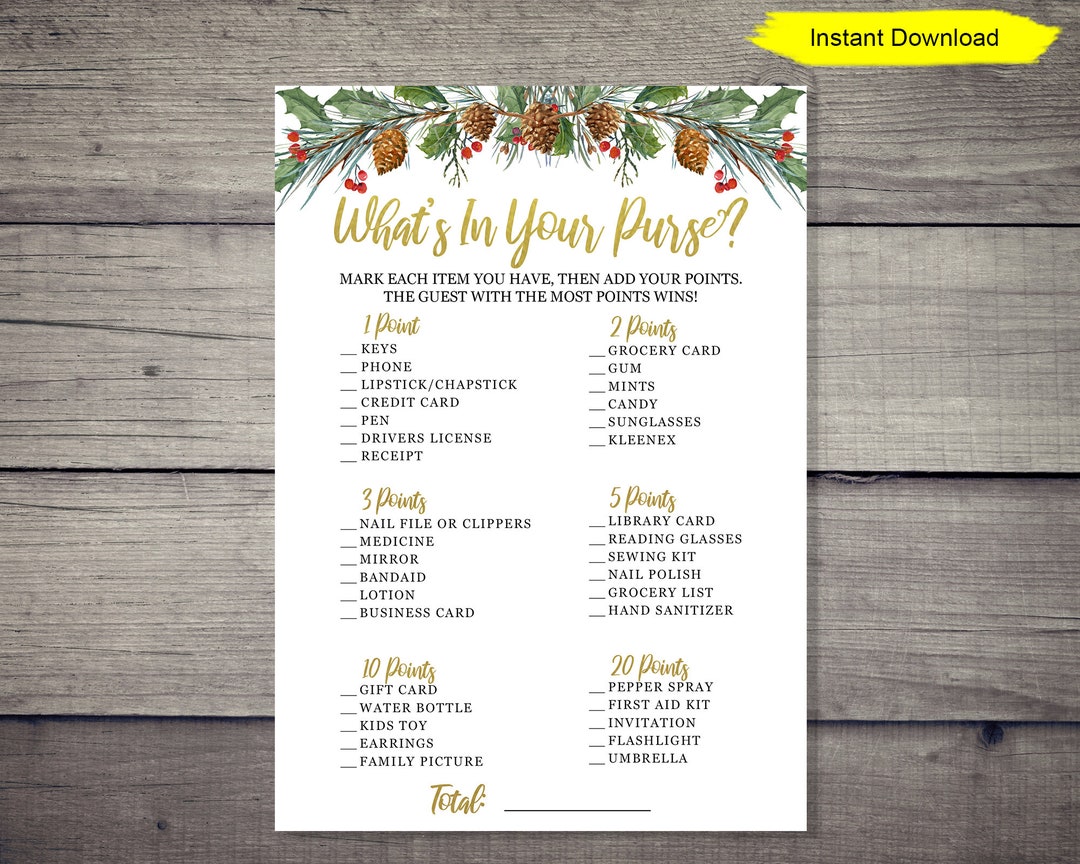 Christmas What's in Your Purse Game INSTANT DOWNLOAD Bridal Shower