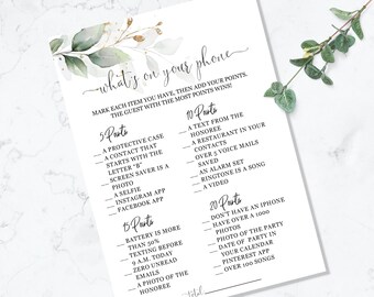 Greenery and Gold What's On Your Phone game - INSTANT DOWNLOAD - printable digital baby shower eucalyptus leaves