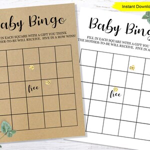 May include: Printable baby bingo game cards with a brown background and black lines. The cards have the text "Baby Bingo" and "Fill in each square with a gift you think the mother-to-be will receive. Five in a row wins!" The cards have a free space and are decorated with gold glitter.