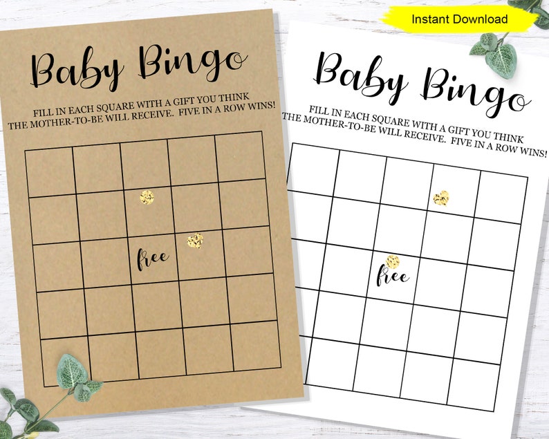 May include: Printable baby bingo game cards with a brown background and black lines. The cards have the text "Baby Bingo" and "Fill in each square with a gift you think the mother-to-be will receive. Five in a row wins!" The cards have a free space and are decorated with gold glitter.