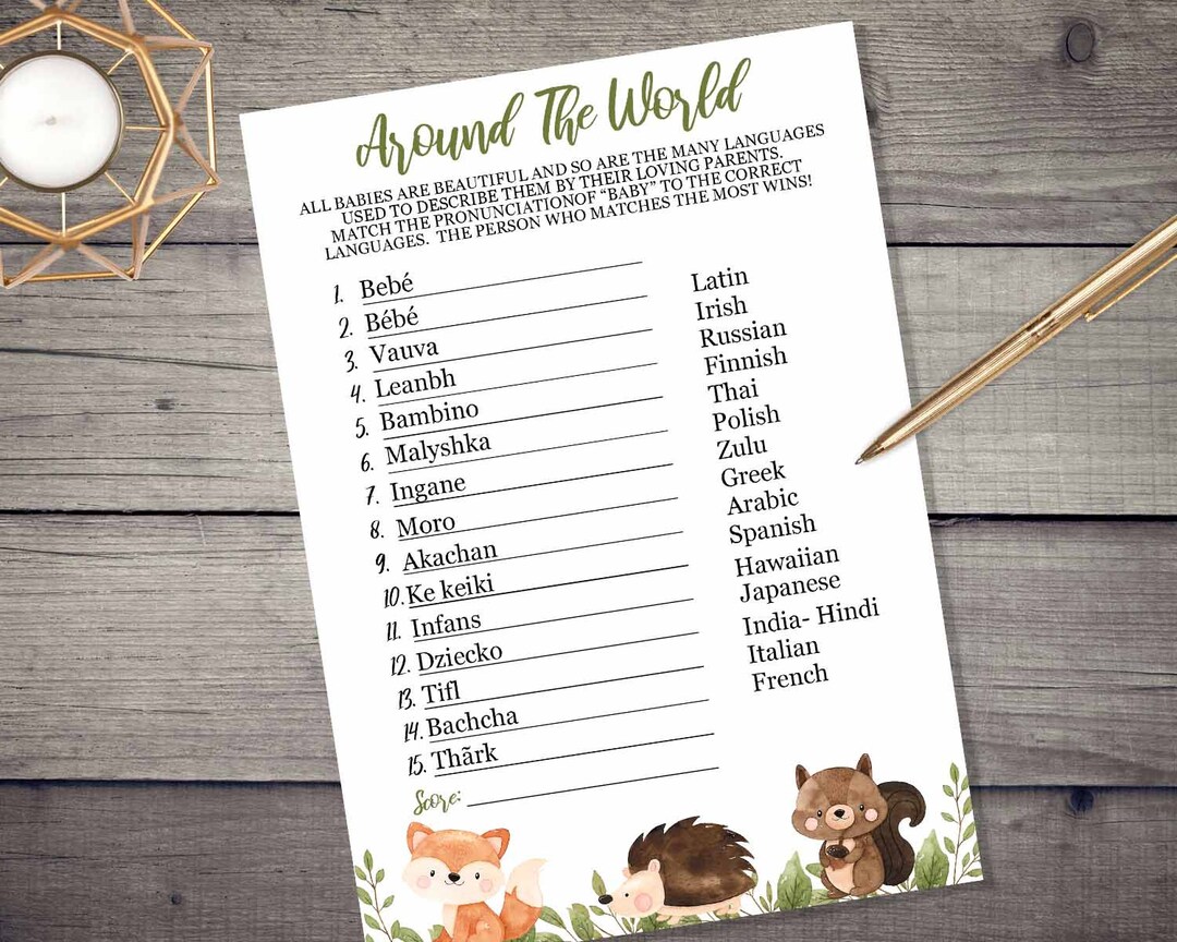 Woodland Baby Names Around the World Game INSTANT DOWNLOAD Couples Coed Baby Shower Printable