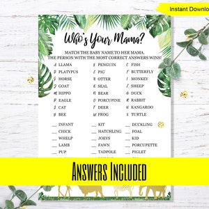 Jungle Who's Your Mama Game INSTANT DOWNLOAD printable print baby shower safari giraffe party animals lion modern gold my momma mother image 2