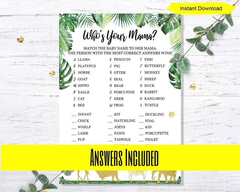 Jungle Who's Your Mama Game INSTANT DOWNLOAD printable print baby shower safari giraffe party animals lion modern gold my momma mother image 2
