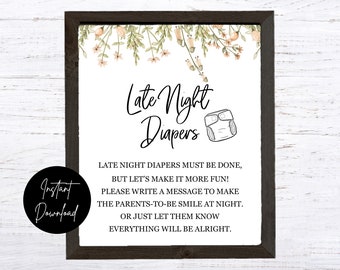 BOHO Late Night Diapers Sign - INSTANT DOWNLOAD - baby shower party printable digital girl light green pale pink flowers greenery