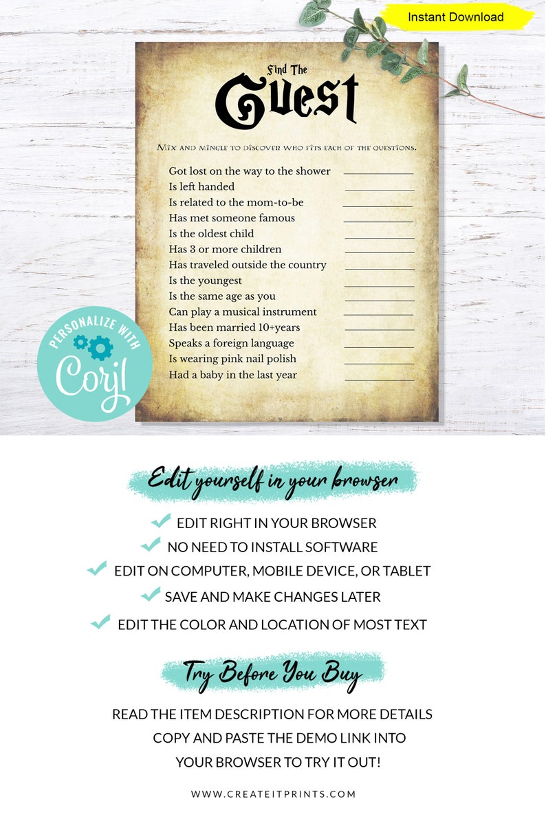 Find The Guest Game INSTANT DOWNLOAD printable digital baby shower antique gothic wizard corjl editable image 4