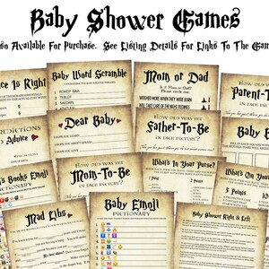 May include: A set of printable baby shower games with a vintage aesthetic. The games include "The Price is Right", "Baby Word Scramble", "Mom or Dad", "How Old Was the Parent-to-Be", "Baby Predictions and Advice", "Dear Baby", "How Old Was the Mom-to-Be", "What's in Your Purse", "What's on Your Phone", "Baby Bingo", "Children's Books Emoji Dictionary", "Mad Libs", "Baby Emoji Dictionary", and "Baby Shower Right & Left".