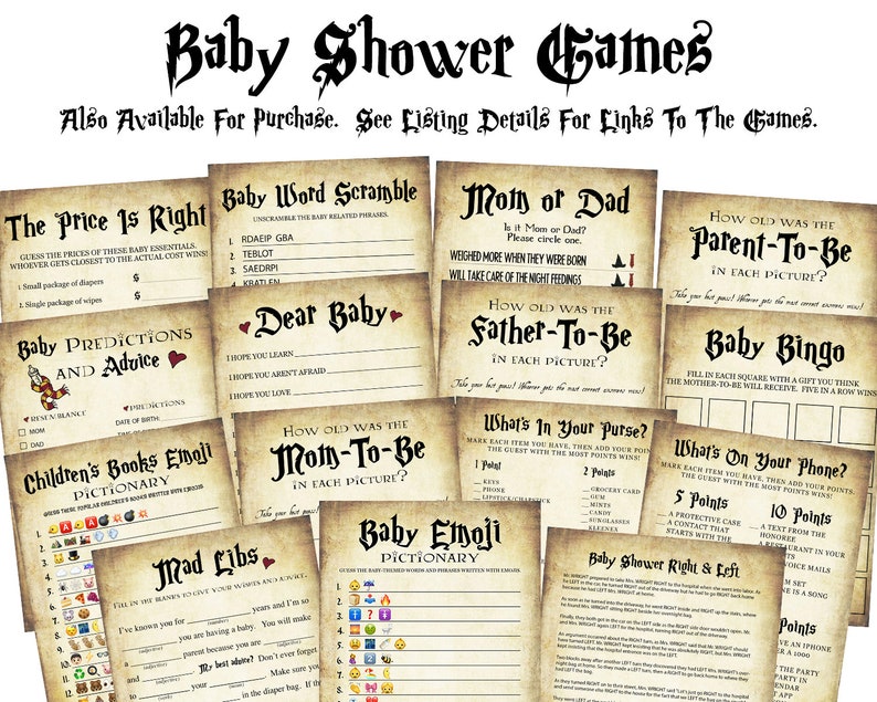 May include: A set of printable baby shower games with a vintage aesthetic. The games include "The Price is Right", "Baby Word Scramble", "Mom or Dad", "How Old Was the Parent-to-Be", "Baby Predictions and Advice", "Dear Baby", "How Old Was the Mom-to-Be", "What's in Your Purse", "What's on Your Phone", "Baby Bingo", "Children's Books Emoji Dictionary", "Mad Libs", "Baby Emoji Dictionary", and "Baby Shower Right & Left".