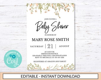 BOHO Chic Baby Shower Invitation Template - INSTANT DOWNLOAD - baby shower party printable digital girl pale pink flowers greenery
