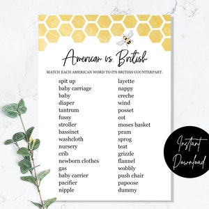May include: A printable game card with a yellow honeycomb pattern and a bee illustration. The card features a list of American English words paired with their British English counterparts. The text on the card reads "American vs. British" and "Match each American word to its British counterpart."