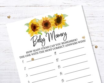Sunflower Baby Memory Game - INSTANT DOWNLOAD - printable digital baby shower sprinkle party co ed couples gender neutral sun flowers yellow