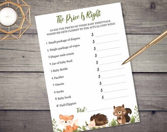 Woodland The Price Is Right game - INSTANT DOWNLOAD - printable digital baby shower party fox boy girl animals co ed couples sprinkle