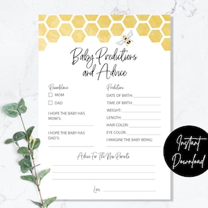 Puede incluir: Juego de baby shower imprimible con un patr&oacute;n de panal y una ilustraci&oacute;n de abeja. El juego pide a los invitados que predigan el parecido del beb&eacute;, la fecha de nacimiento, la hora, el peso, la longitud, el color del cabello y los ojos, y que se imaginen la personalidad del beb&eacute;. El juego tambi&eacute;n incluye una secci&oacute;n para consejos para los nuevos padres.
