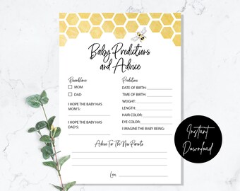 Bee Baby Shower Baby Predictions and Advice Game - INSTANT DOWNLOAD - party printable digital honey bee honeycomb yellow