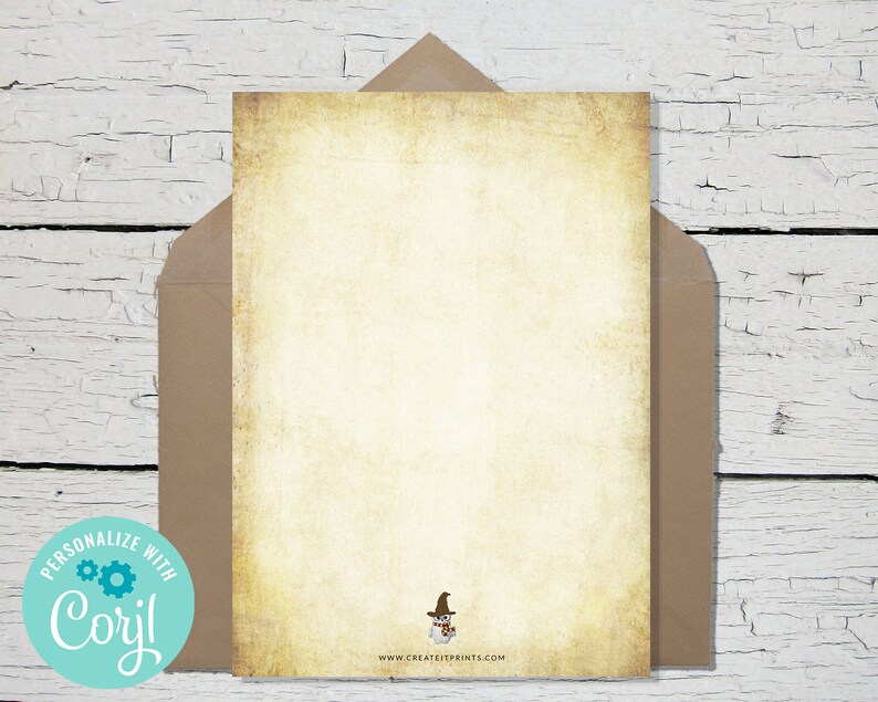 May include: A blank, cream-colored card with a vintage, aged texture. The card has a small illustration of a snowman wearing a hat and scarf in the bottom right corner. The text "www.createitprints.com" is printed below the illustration.