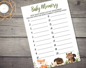Woodland Baby Memory Game - INSTANT DOWNLOAD - couples baby shower printable digital fox gender neutral animals tray guess guessing