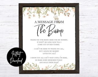 BOHO Chic A Message From The Bump - INSTANT DOWNLOAD - baby shower party printable digital girl light green pale pink flowers greenery