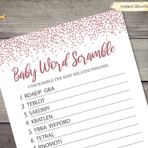 Rose Gold Baby Word Scramble Game - INSTANT DOWNLOAD - baby shower party printable digital pink glitter confetti girl