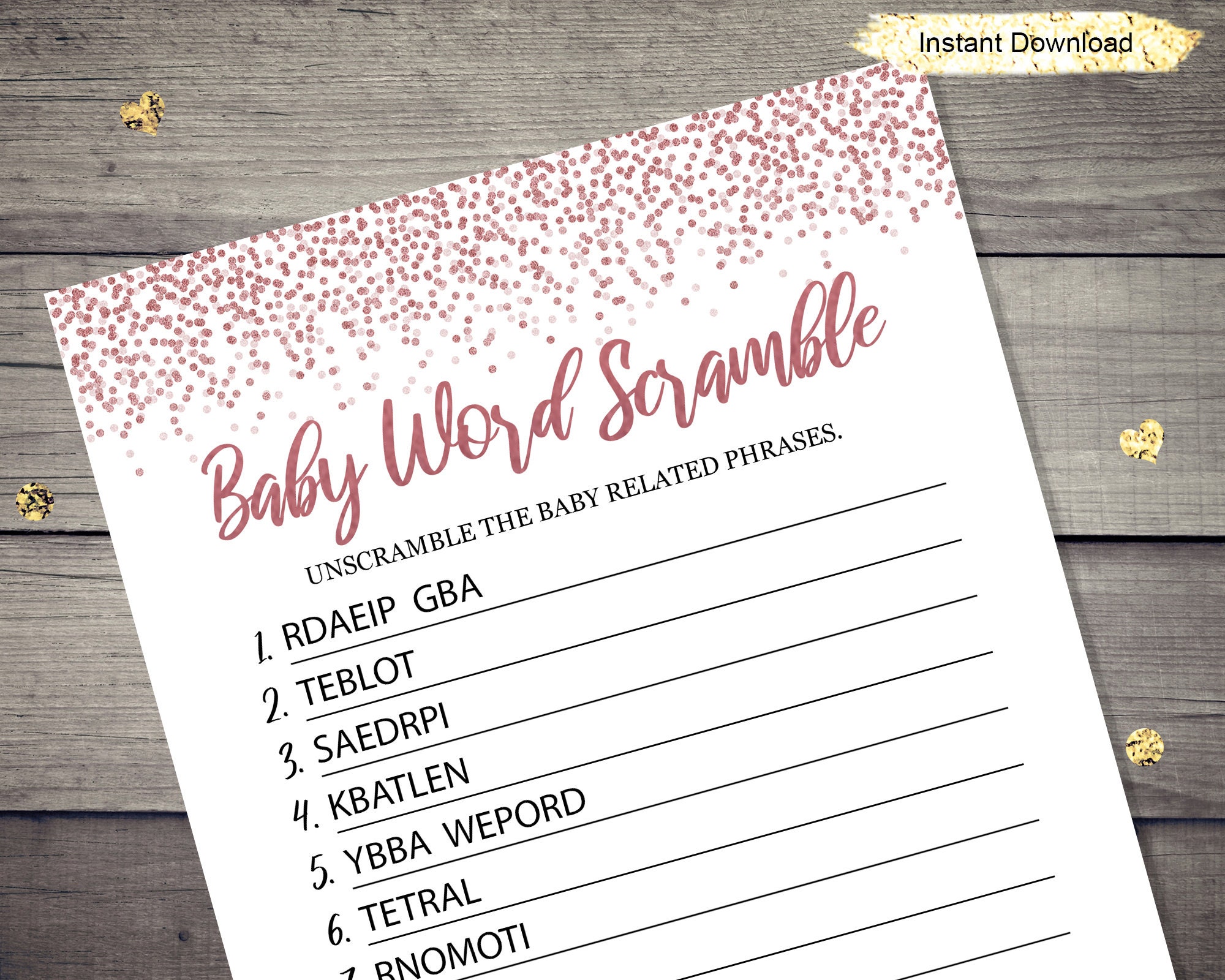Rose Gold Baby Word Scramble Game - INSTANT DOWNLOAD - baby shower party printable digital pink glitter confetti girl