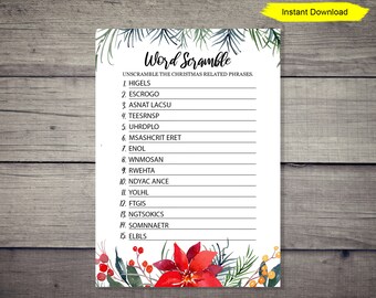 Christmas Word Scramble Game - INSTANT DOWNLOAD - printable digital poinsettia poinsetta baby shower bridal shower activity white elephant