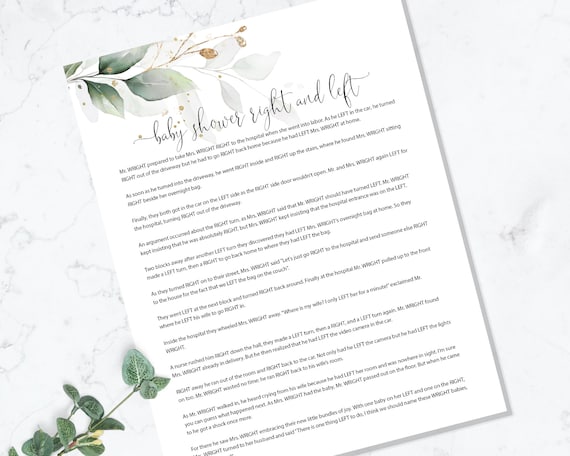 Greenery And Gold Right And Left Game INSTANT DOWNLOAD Printable Digital Activity Story Ice 