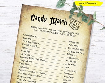 Halloween Candy Match Game - INSTANT DOWNLOAD - baby shower digital printable wizard antique craft kraft witch candy bar pregnancy chocolate
