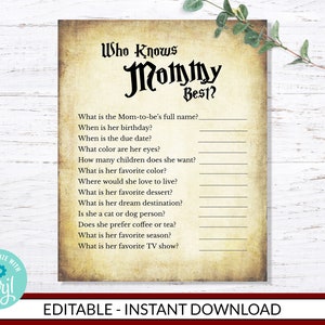 May include: A printable "Who Knows Mommy Best?" game with a vintage aesthetic. The game features a list of questions about the mom-to-be, such as her full name, birthday, due date, favorite color, and dream destination.