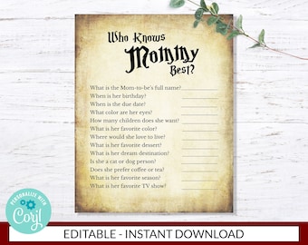 Who Knows Mommy Best Game - Editable - INSTANT DOWNLOAD - printable digital baby shower antique gothic wizard corjl pottery Halloween
