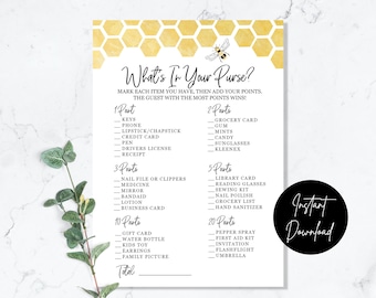 Juego "¿Qué hay en tu bolso?" - DESCARGA INSTANTÁNEA - imprimible para baby shower de mamá a abeja