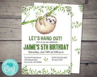 Sloth Birthday Invitation - INSTANT DOWNLOAD - printable digital custom customized Editable Template white gender neutral boy party first