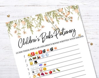 BOHO Chic Children's Book Emoji Game - INSTANT DOWNLOAD - baby shower party printable digital girl light green pale pink flowers greenery