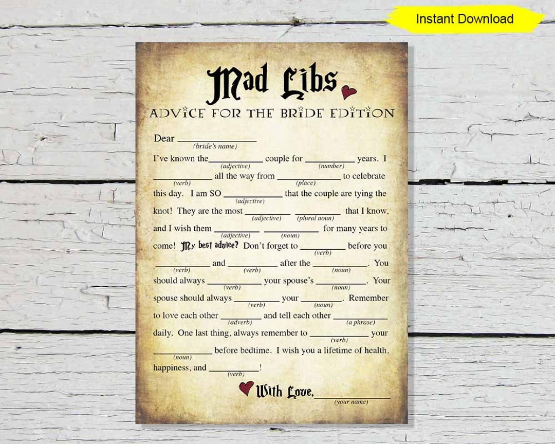 1080px x 864px - Bridal Mad Libs Game INSTANT DOWNLOAD Bridal Shower - Etsy