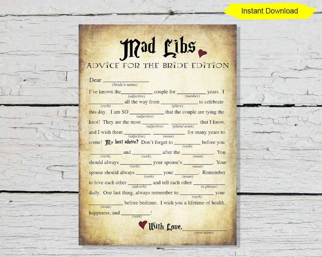 Mp4 Porn School - Bridal Mad Libs Game INSTANT DOWNLOAD Bridal Shower - Etsy